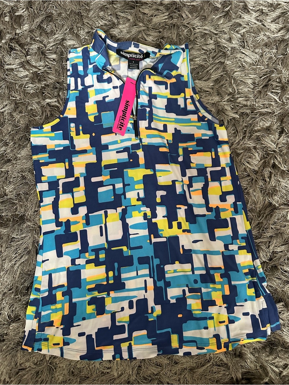 Simplicité Sleeveless Zip Golf Polo - Navy, Turquoise & Yellow
